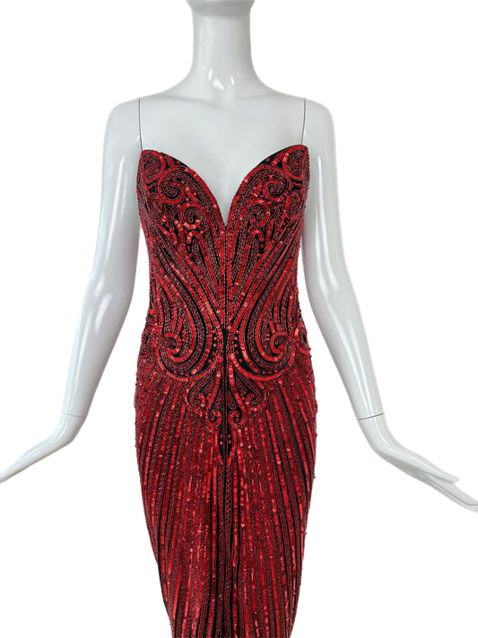 BOB MACKIE c. 1987 Vintage Red Heavily Embellished Evening Gown