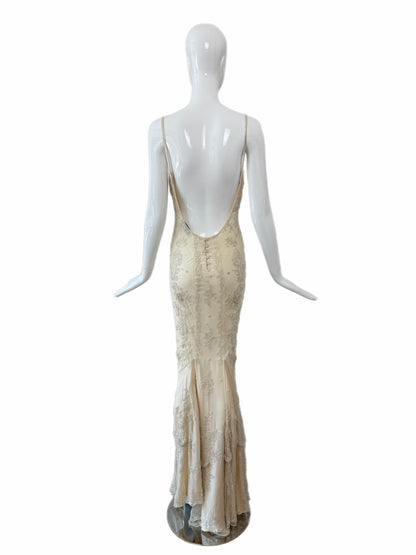 LES HABITUDES 90's Vintage Couture Vanilla Cream Beaded Silk Wedding Gown w. Shawl