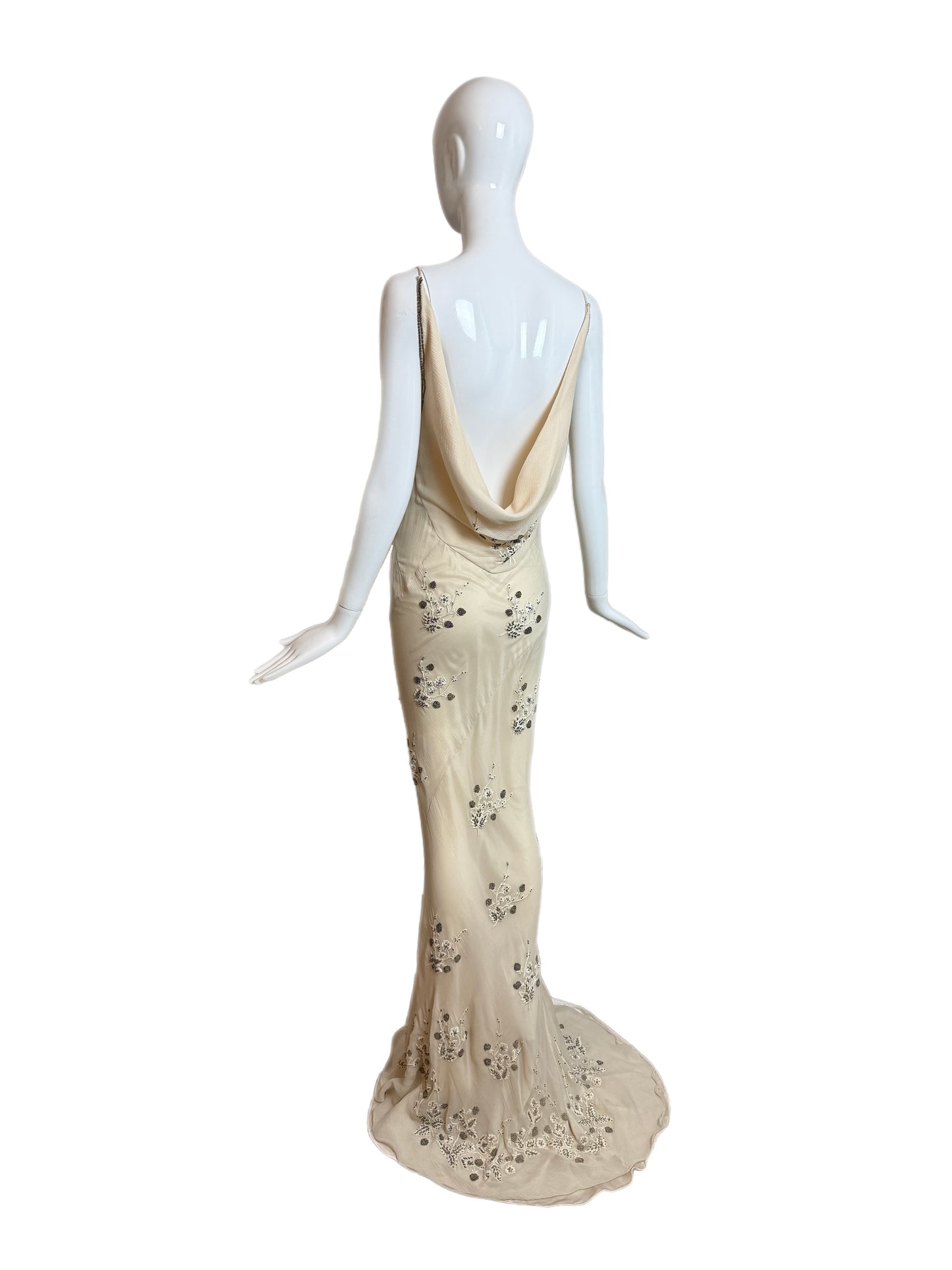90's Vintage Couture Silk Hand Embroidered Beaded Cowl Back Evening Gown