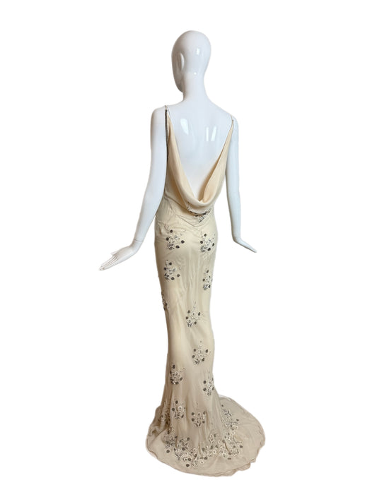 90's Vintage Couture Silk Hand Embroidered Beaded Cowl Back Evening Gown