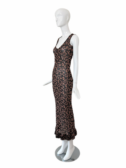 COLLETTE DINNIGAN Vintage Sheer Silk Cherry Print Ankle Length Dress