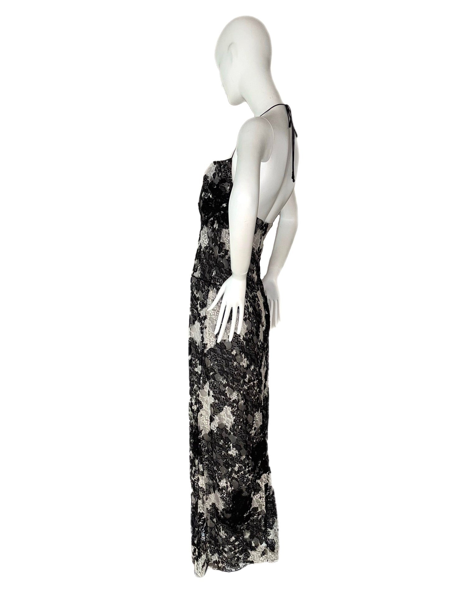 MONIQUE LHUILLIER 2003 Vintage Runway Black + White Silk Lace Gown