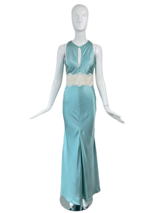 Vintage Robin's Egg Blue Silk Dress w. Pearl Embellished Center