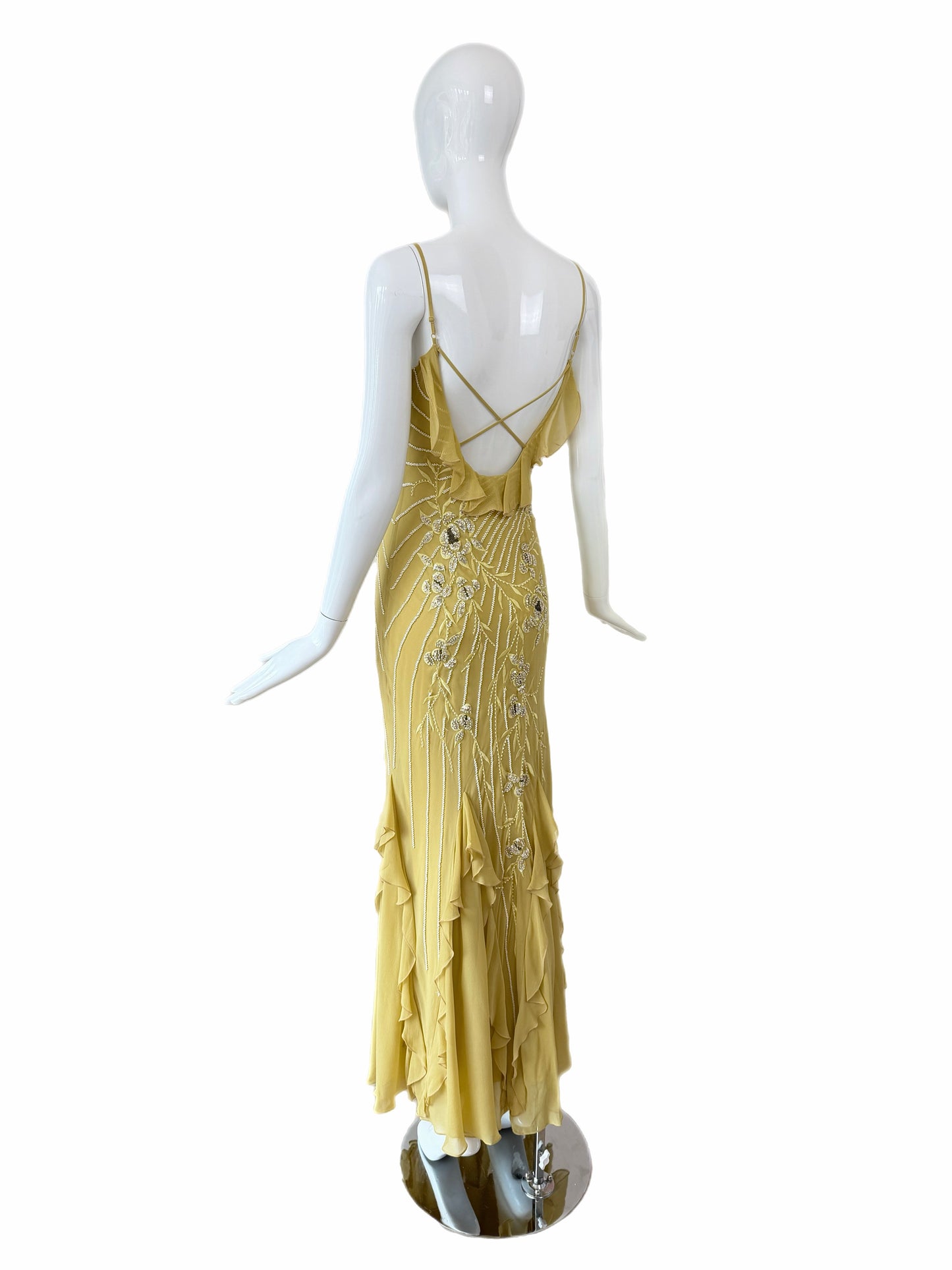 SUE WONG 2005 Vintage Chartreuse Silk Floral Beaded Ruffle Gown