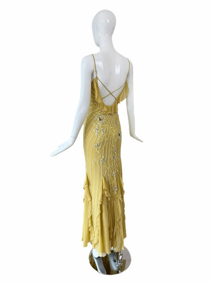 SUE WONG 2005 Vintage Chartreuse Silk Floral Beaded Ruffle Gown