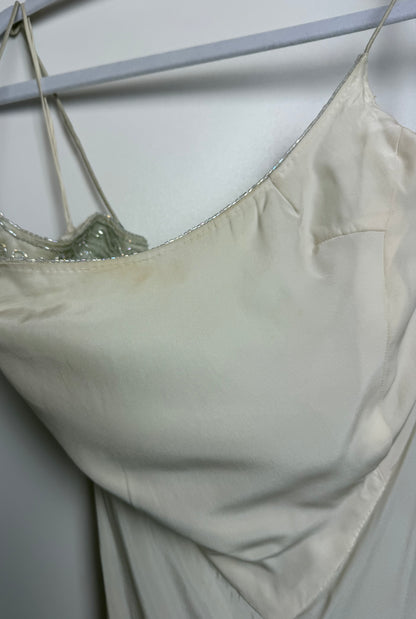 LES HABITUDES 90's Couture Vintage Iridescent Greige Silk Hand Beaded Bridal Gown
