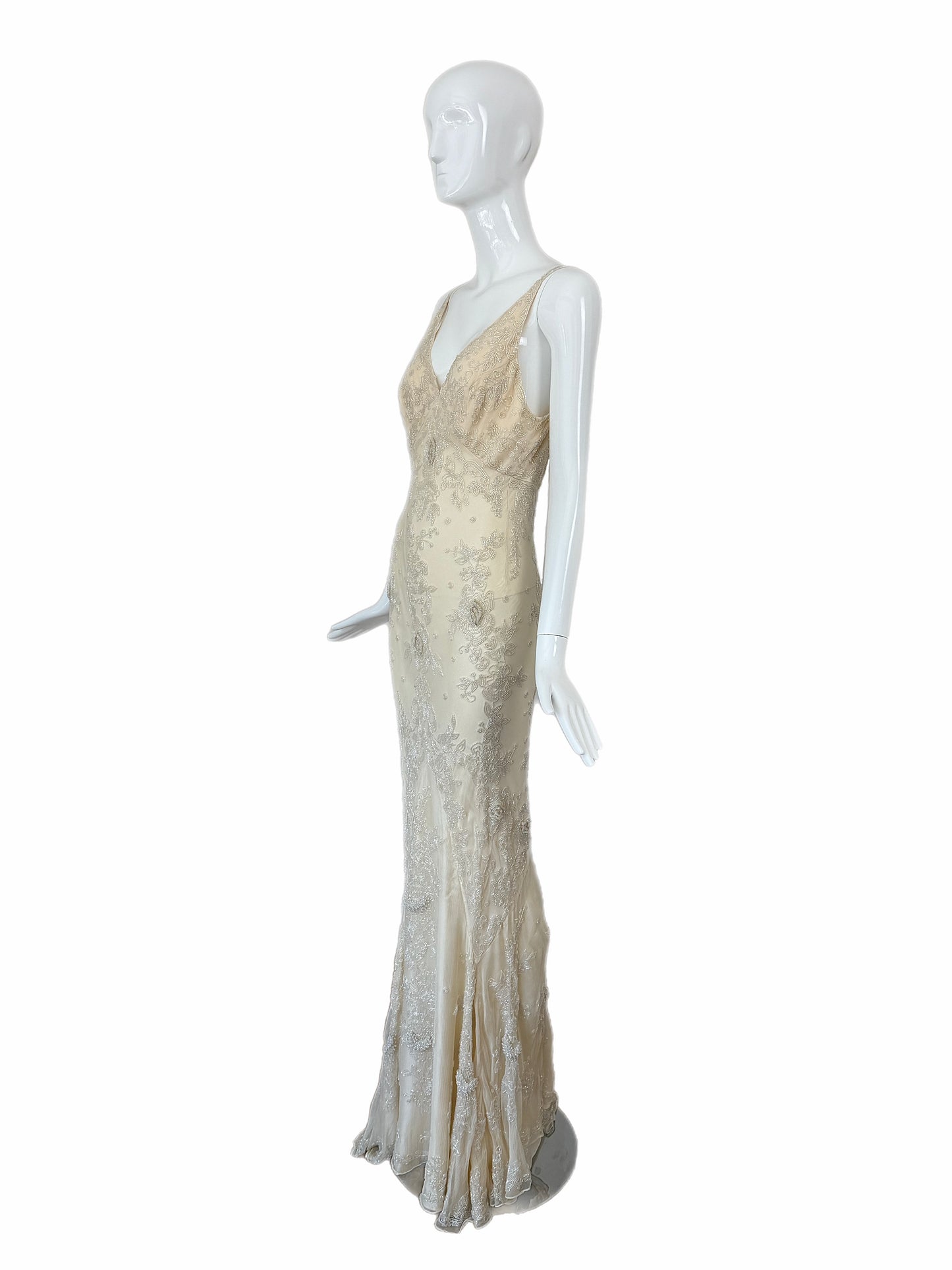 LES HABITUDES 90's Vintage Couture Vanilla Cream Beaded Silk Wedding Gown w. Shawl