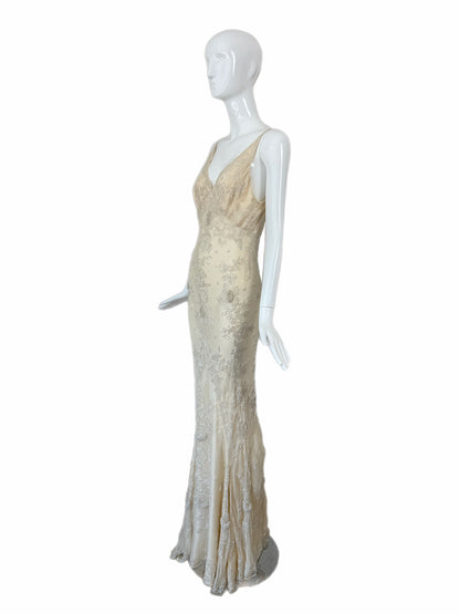 LES HABITUDES 90's Vintage Couture Vanilla Cream Beaded Silk Wedding Gown w. Shawl