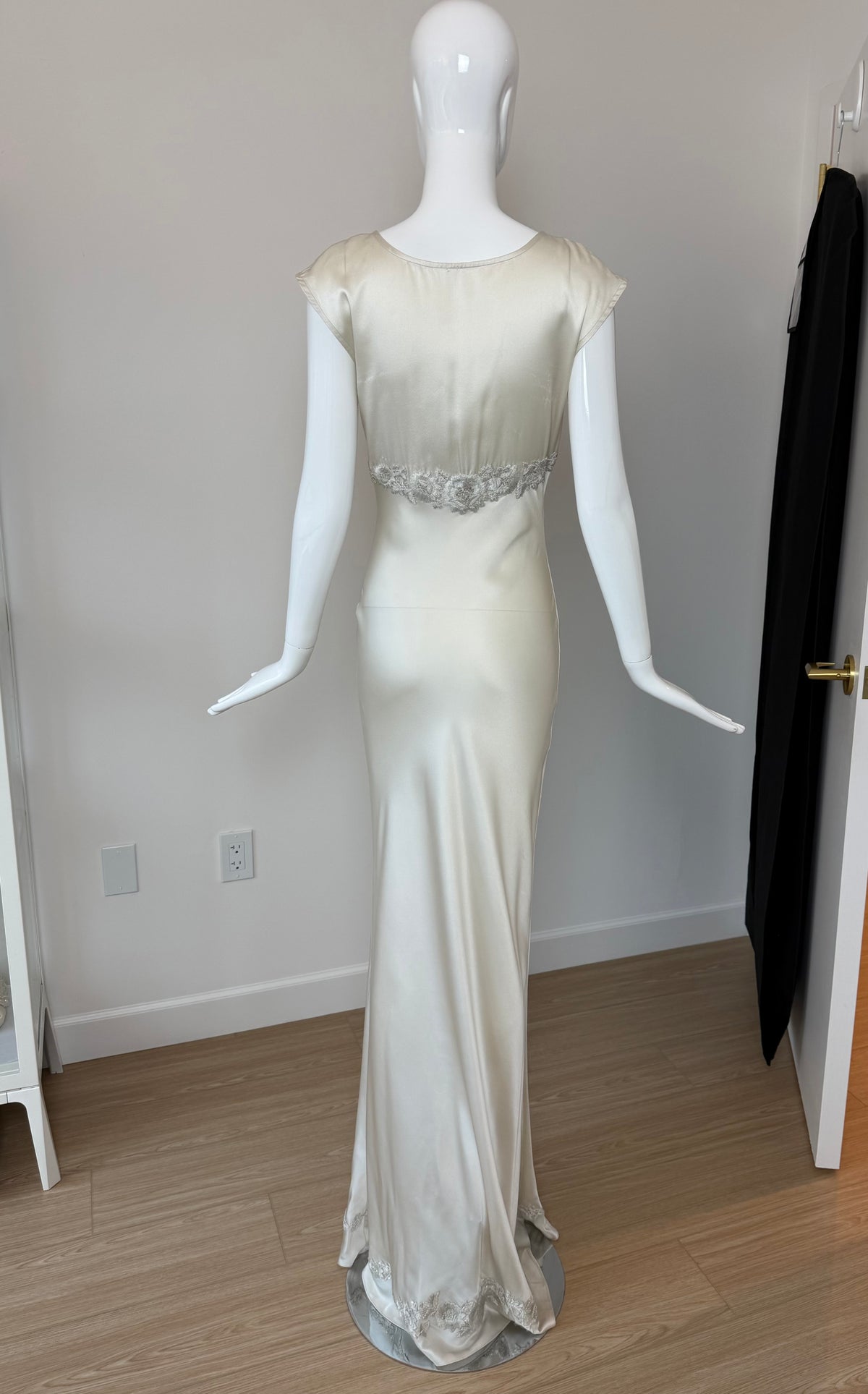 LES HABITUDES 90's Vintage Silver Grey Satin Floral Hand Beaded Antique Look Slip Gown