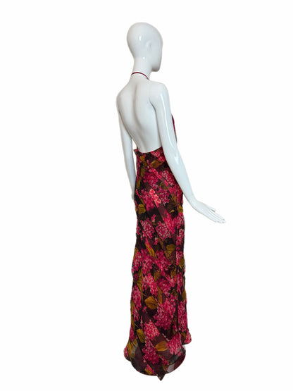 VERA WANG 2000 Vintage Silk Floral Ruffle Halter Evening Gown