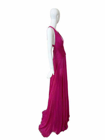 ROBERTO CAVALLI Hot Pink Fuschia Silk Plisse Pleated Plunge Neckline Evening Gown