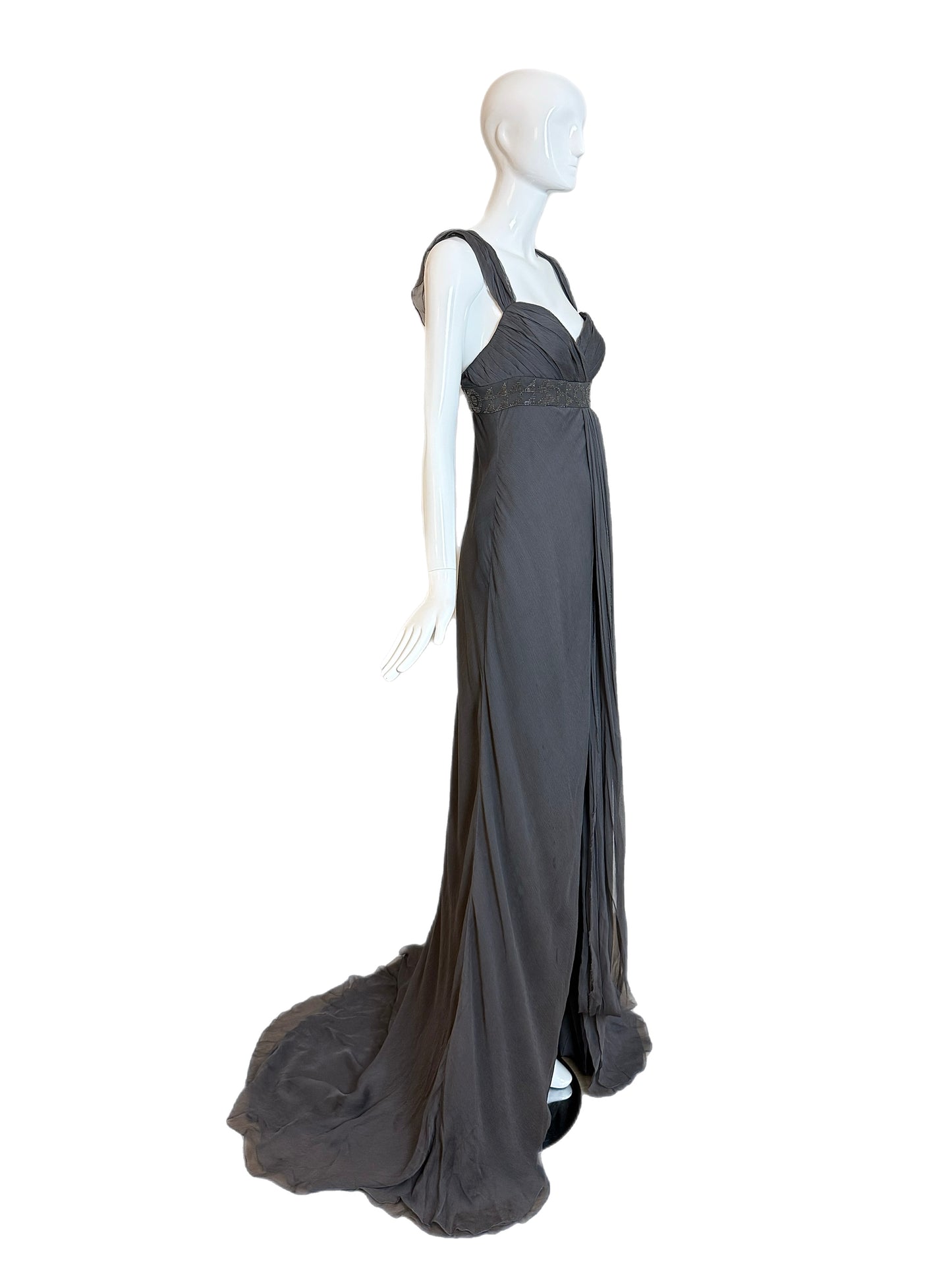 J. MENDEL Vintage Grey Silk Evening Gown w. Long Train