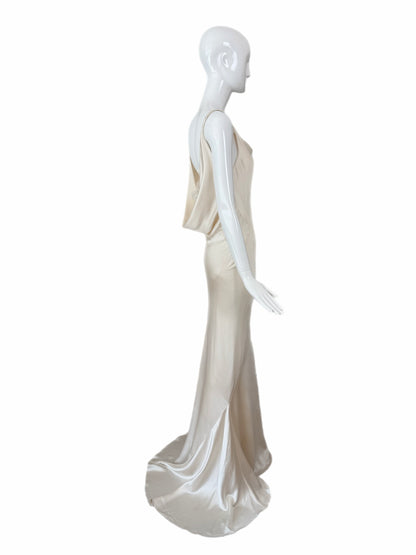 LES HABITUDES Vintage Ivory Silk Wedding Dress w. Open Cowl Lace Back