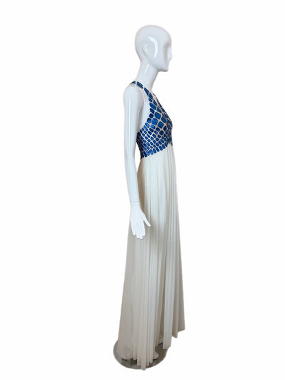 EMA SAVAHL COUTURE Custom Hand Painted Blue + Ivory Grecian Gown