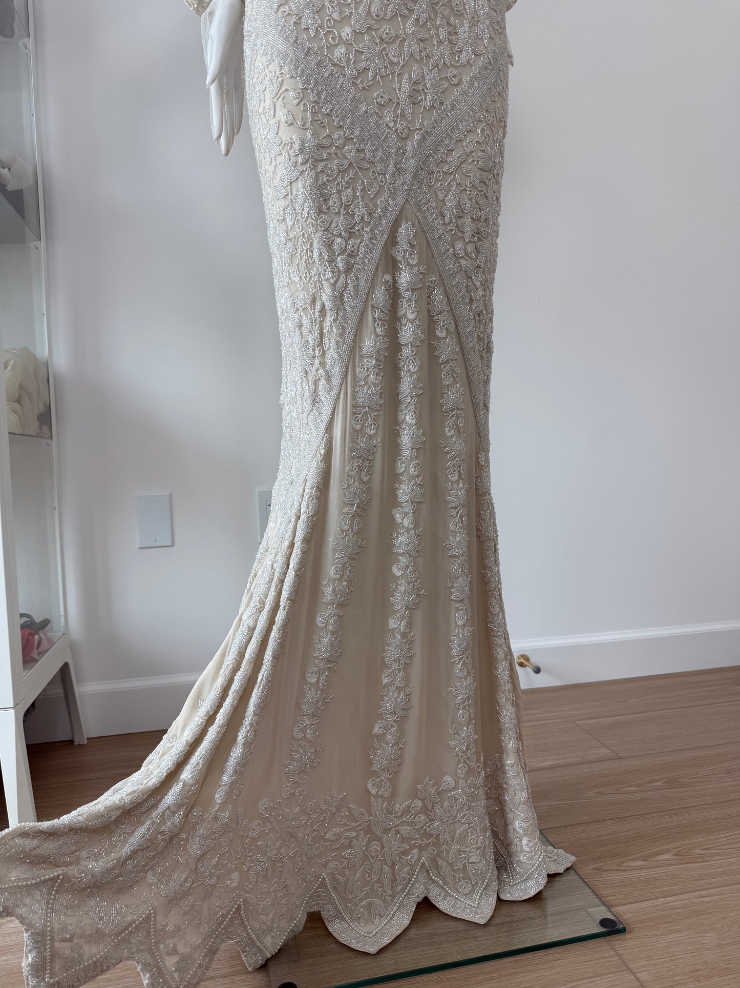 LES HABITUDES 90's Vintage Couture Hand-Beaded w. Pearls Silk Bridal Gown w. Gloves