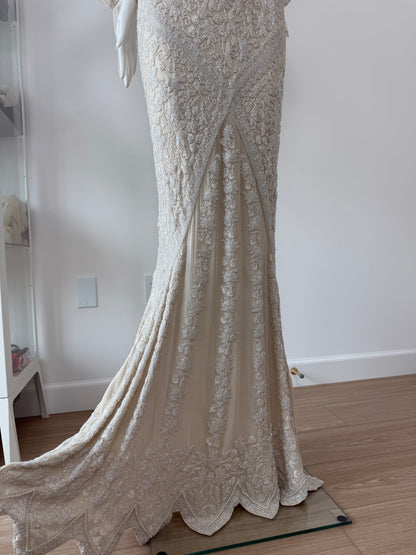 LES HABITUDES 90's Vintage Couture Hand-Beaded w. Pearls Silk Bridal Gown w. Gloves