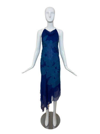 DONNA KARAN (FLAWED) 2000 Vintage Runway Silk Blue Backless Halter Dress