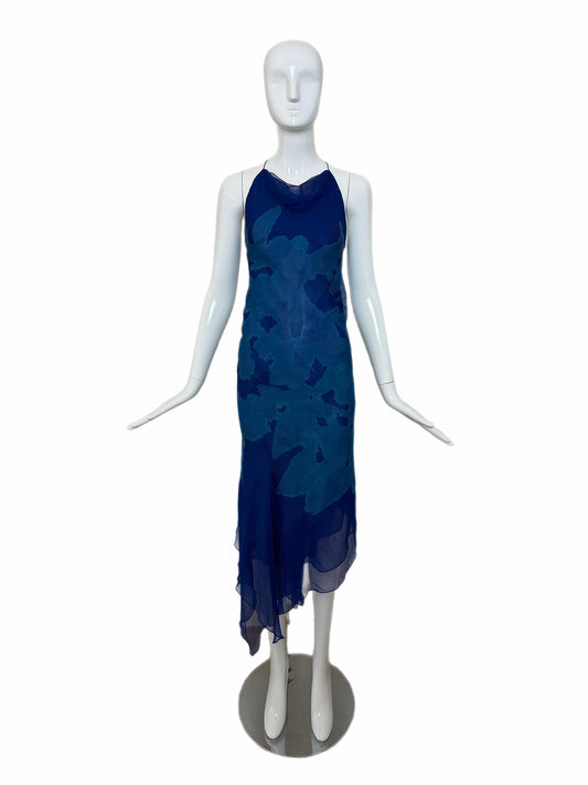 DONNA KARAN (FLAWED) 2000 Vintage Runway Silk Blue Backless Halter Dress