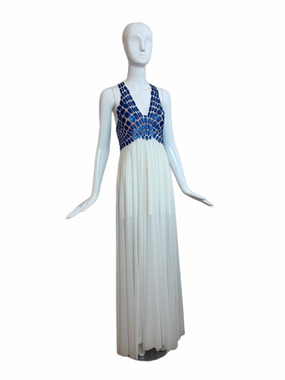 EMA SAVAHL COUTURE Custom Hand Painted Blue + Ivory Grecian Gown