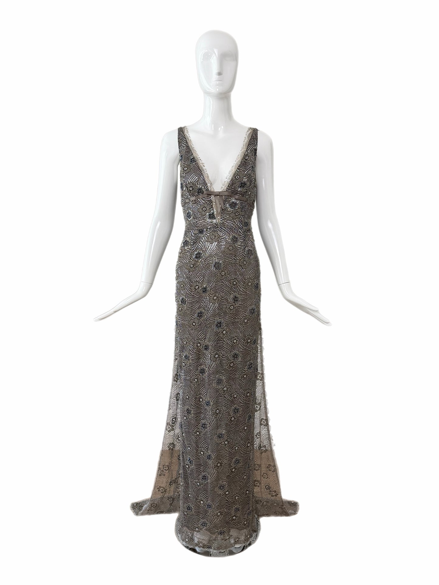 RANDOLPH DUKE 2005 Vintage Silver Floral Beaded Evening Gown w. Train