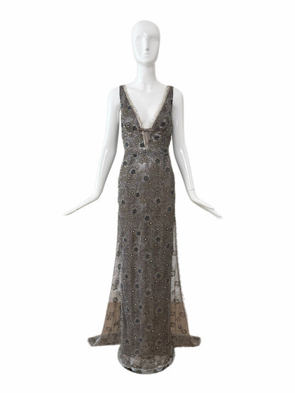 RANDOLPH DUKE 2005 Vintage Silver Floral Beaded Evening Gown w. Train