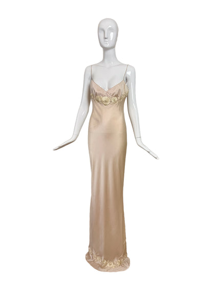 LES HABITUDES 90's Vintage Blush Peach Beaded Floral Slip Gown