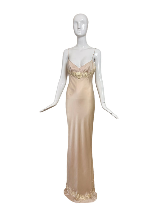 LES HABITUDES 90's Vintage Blush Peach Beaded Floral Slip Gown