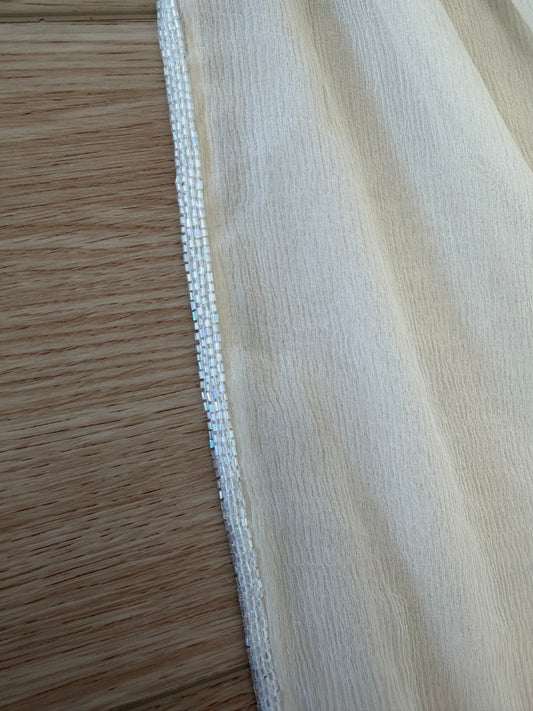 EAVIS & BROWN 90's Vintage Vanilla Ivory Beige Silk Chiffon Shawl w. Iridescent Glass Beads