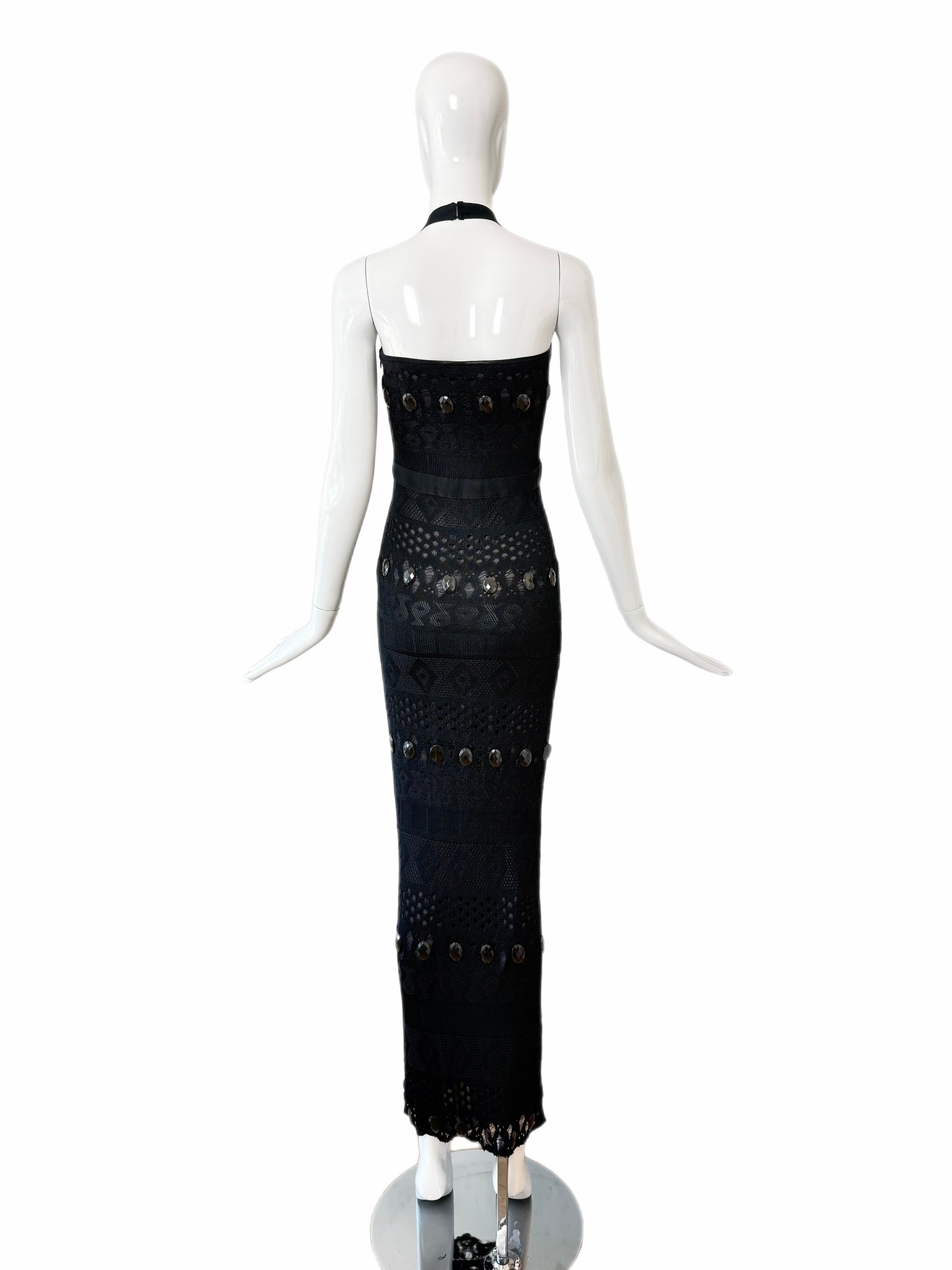 HERVE LEGER 90's Vintage Black Crystal Halter Wiggle Maxi Dress