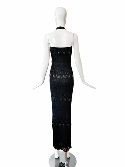 HERVE LEGER 90's Vintage Black Crystal Halter Wiggle Maxi Dress
