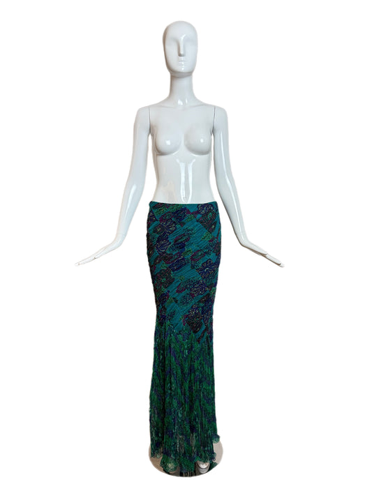 EMANUEL UNGARO 2005 Vintage Silk Ruched Vivid Paisley Print Maxi Skirt