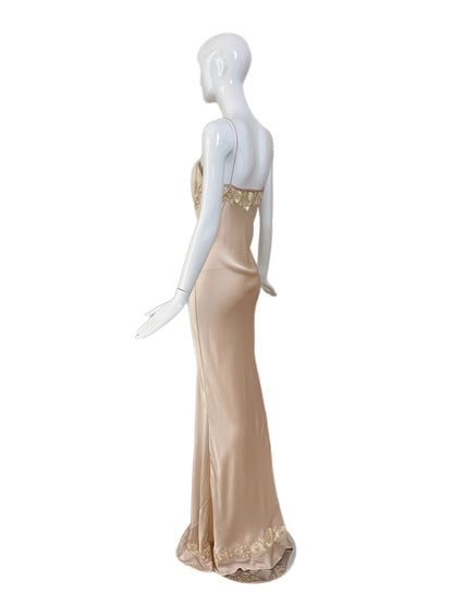 LES HABITUDES 90's Vintage Blush Peach Beaded Floral Slip Gown