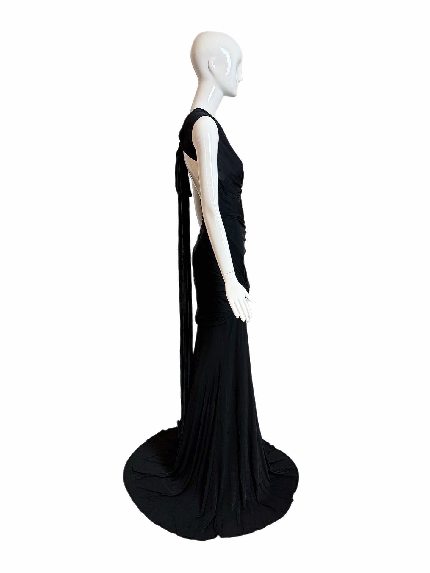 DONNA KARAN Vintage Black Ruched Extra Long Open Back Evening Gown