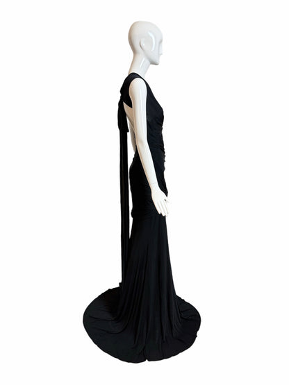 DONNA KARAN Vintage Black Ruched Extra Long Open Back Evening Gown