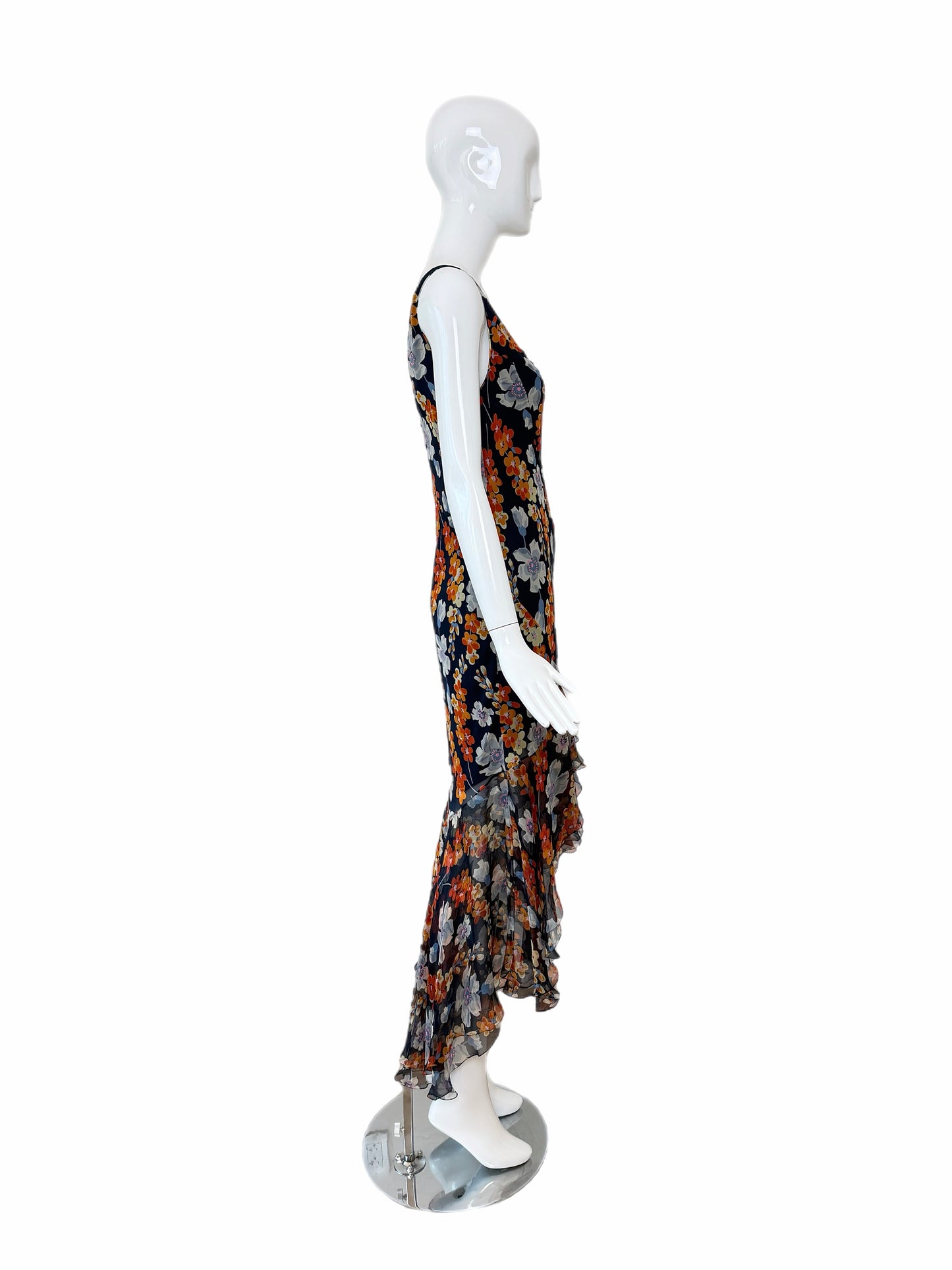 JOHN GALLIANO 2004 Vintage Silk Navy Floral Ruffle Maxi Dress