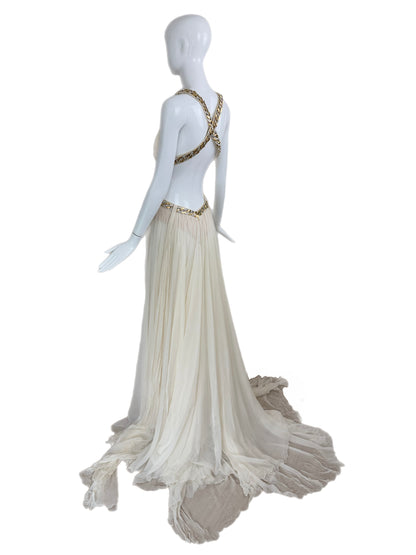 ROBERTO CAVALLI 2009 Vintage Ivory Chain Embellished Silk Gown