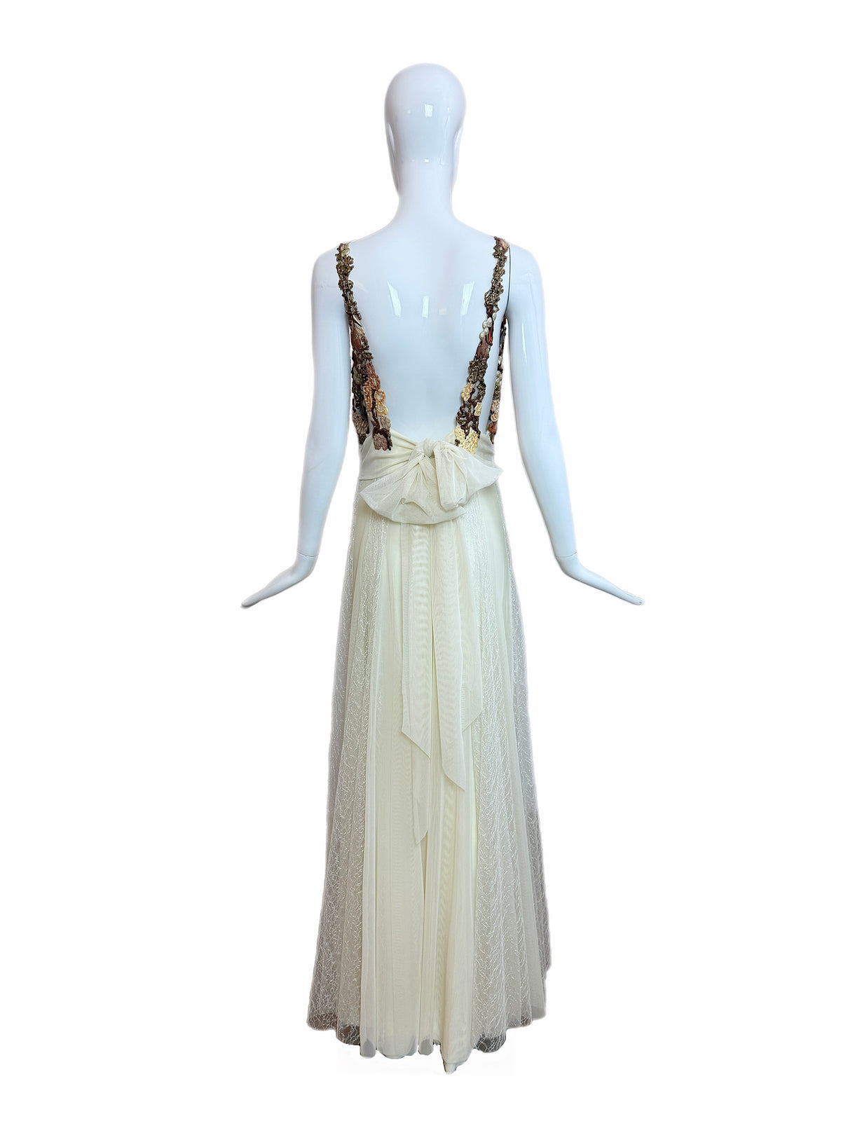 Ema Savahl Couture Hand Painted Ivory Pleated Lace Backless Gown