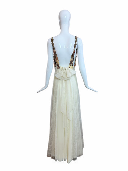 Ema Savahl Couture Hand Painted Ivory Pleated Lace Backless Gown