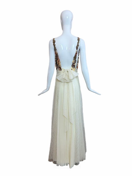 Ema Savahl Couture Hand Painted Ivory Pleated Lace Backless Gown