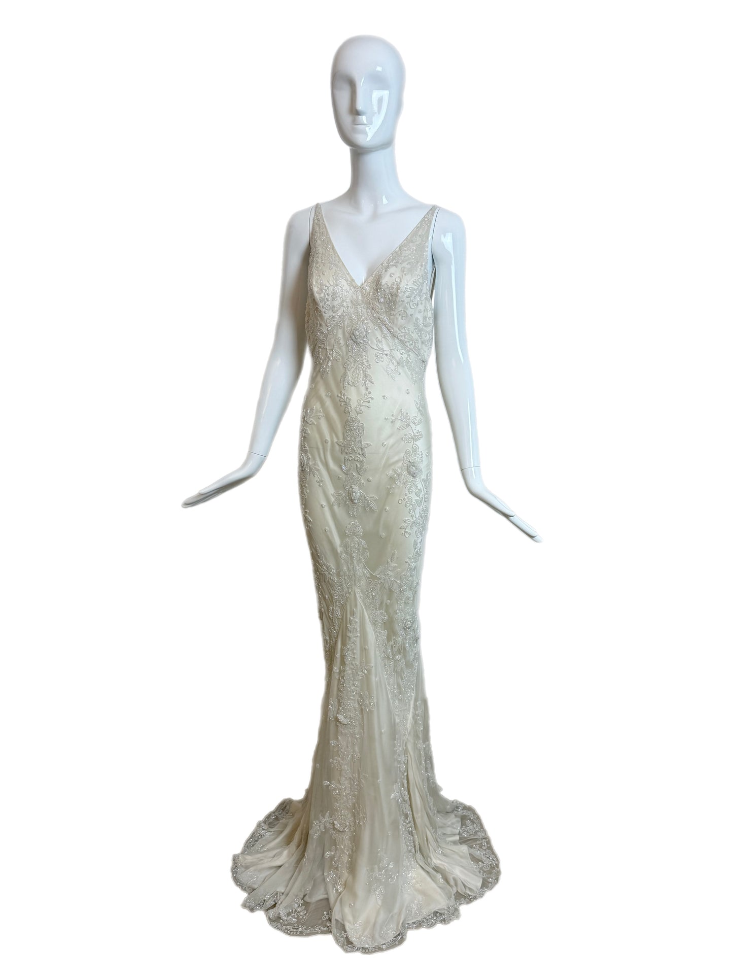 LES HABITUDES 90's Vintage Couture Ivory Beaded Silk Wedding Gown w. Shawl