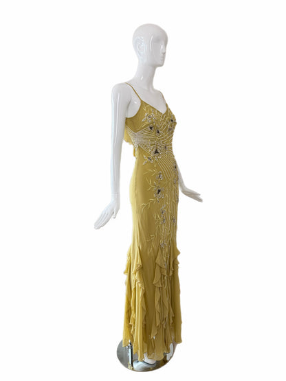 SUE WONG 2005 Vintage Chartreuse Silk Floral Beaded Ruffle Gown