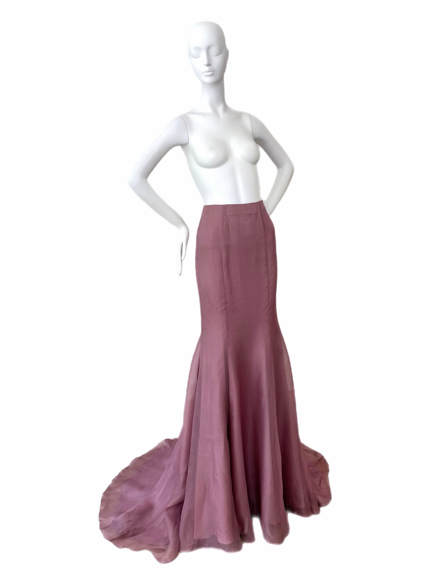BADGLEY MISCHKA Silk Mauve Ethereal Maxi Train Skirt Sample Piece