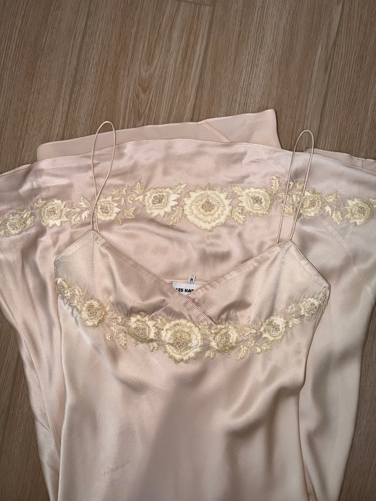 Les Habitudes 90's Vintage Blush Peach Beaded Floral Antique Look Slip Gown