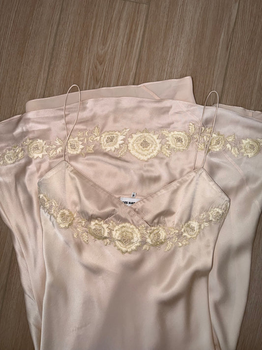 Les Habitudes 90's Vintage Blush Peach Beaded Floral Antique Look Slip Gown