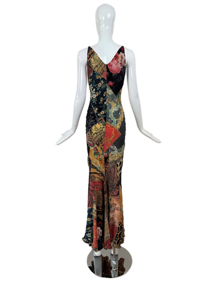 ROBERTO CAVALLI 2002 Vintage Silk Patchwork Evening Gown
