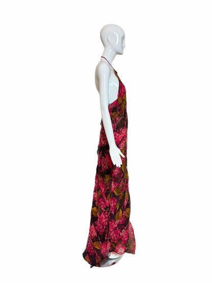 VERA WANG 2000 Vintage Silk Floral Ruffle Halter Evening Gown