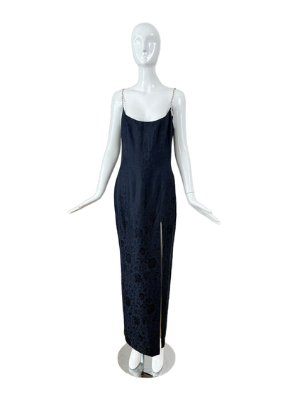 DIOR by JOHN GALLIANO 1998 Vintage Runway Blue Floral Evening Gown w. Ivory Interior + Pearl Straps