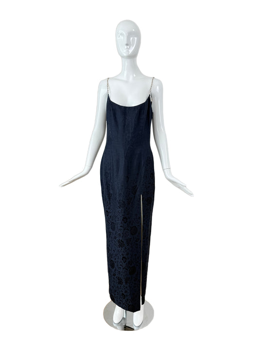 DIOR by JOHN GALLIANO 1998 Vintage Runway Blue Floral Evening Gown w. Ivory Interior + Pearl Straps