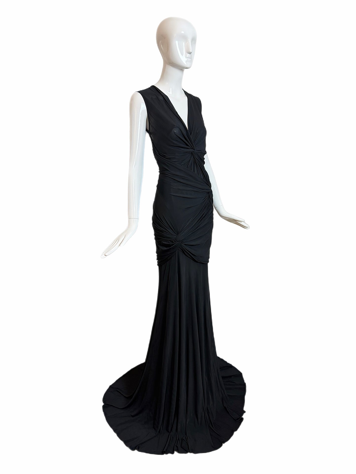 DONNA KARAN Vintage Black Ruched Extra Long Open Back Evening Gown