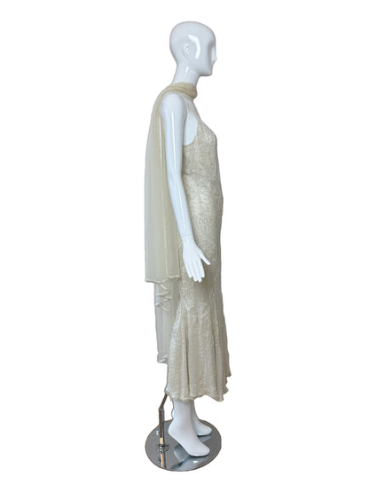 LES HABITUDES 90's Vintage Couture Ivory White Silk Beaded Dress w. Shawl